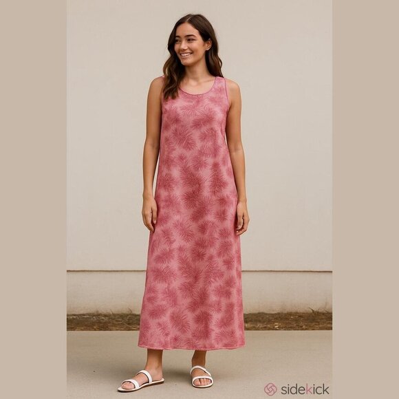 Eddie Bauer XL Pink Tropical Leaf Print Coast & Climb Sleeveless Maxi Dress - Picture 1 of 10